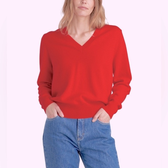 Galeries Lafayette | 100% Cashmere Tomato Red V-Neck Pullover Sweater XL Luxury - Picture 1 of 13